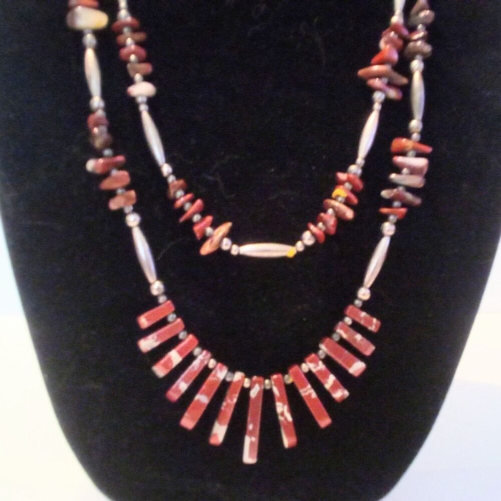 Vintage Boho Inspired Southwestern Red Jasper Silver Tone Multi Strand Necklace